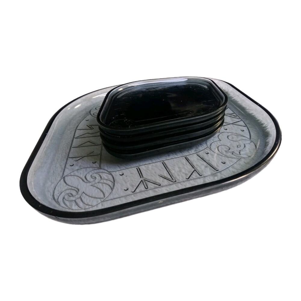 Flygsfors Sweden Paul Kedelv Charcoal Gray Glass Viking Rune Platter Set 5 MCM